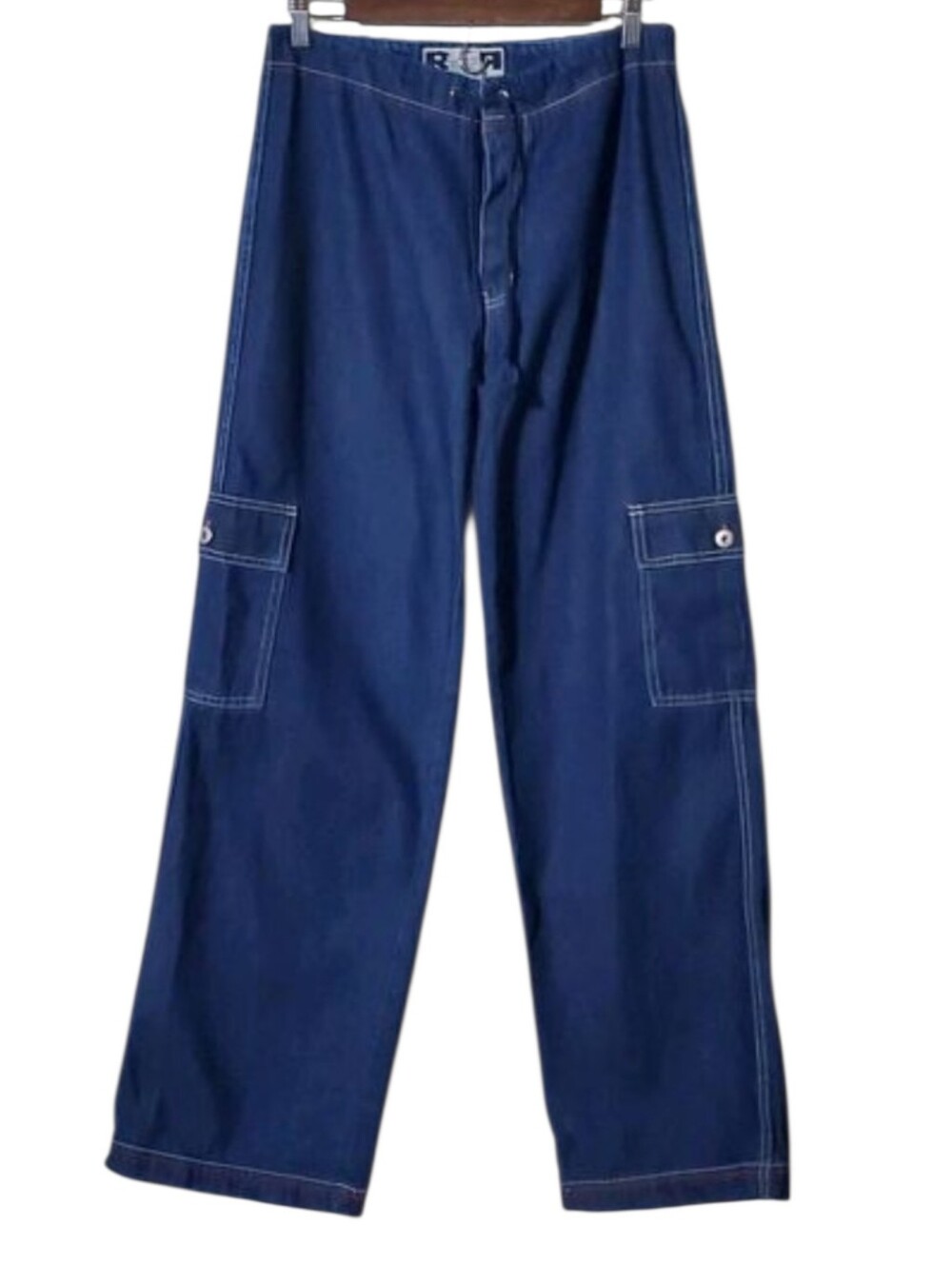 Vintage Rave 4 Real Cargo Jeans Size 7 Blue Y2K Baggy Utility Drawstring Womens